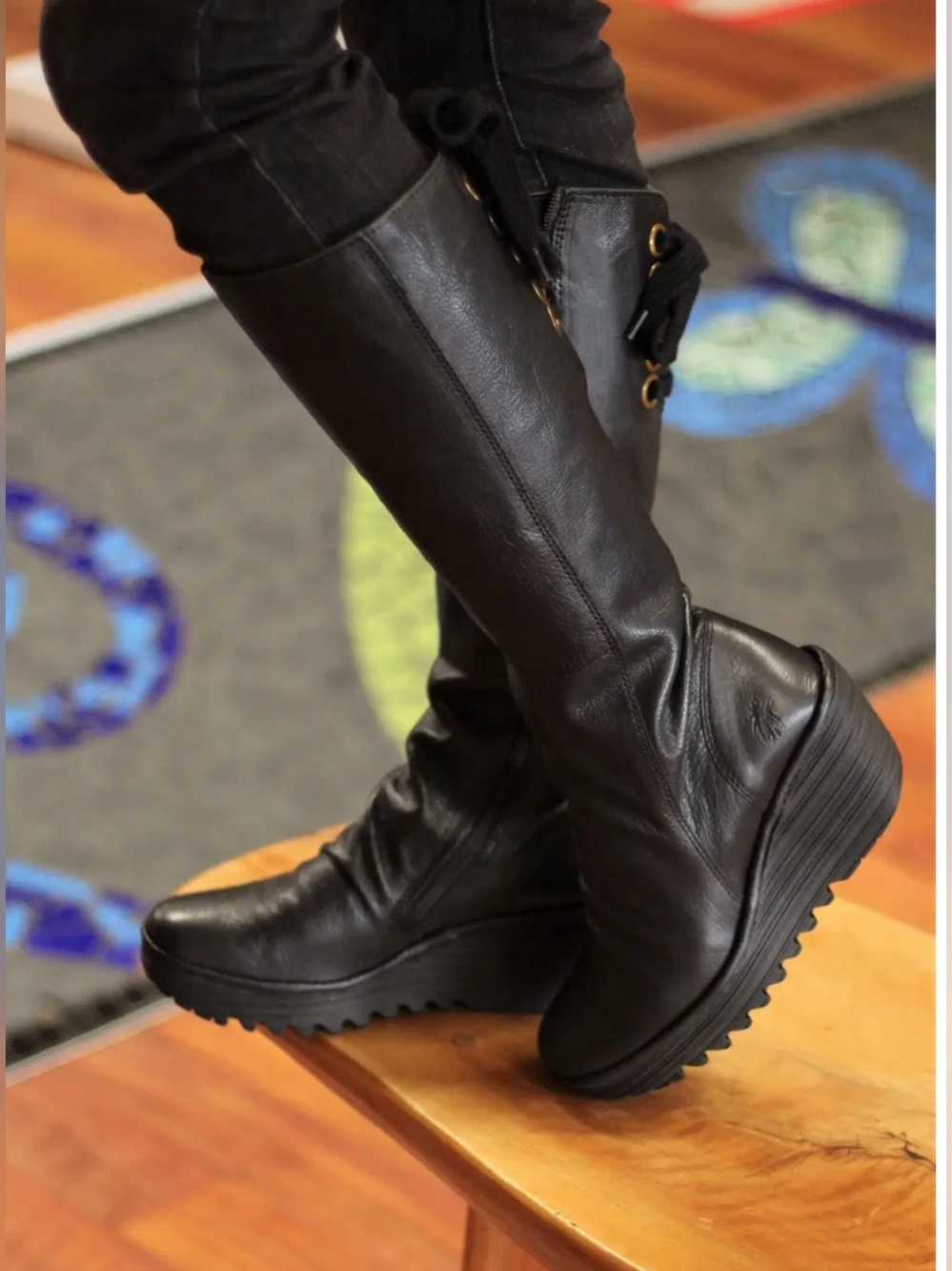 Fly London Yust Black Leather Knee-High Wedge Boots Lace Ties Size 40